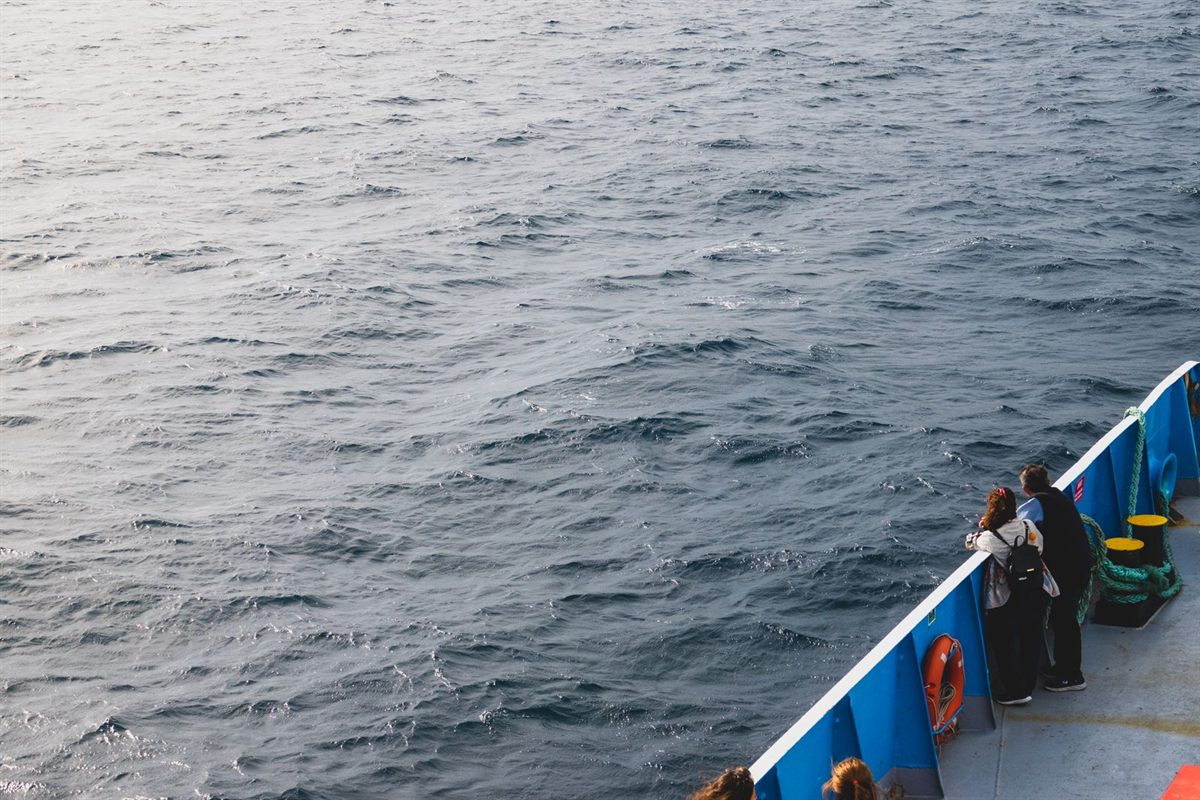 Passengers at the rail of a ship looking out over a calm grey sea